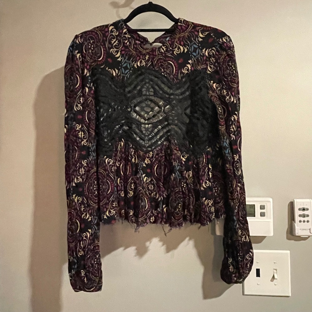 Free People Paisley Blouse Crochet Trim Long Sleeve Top Bohemian Sz S Whimsigoth